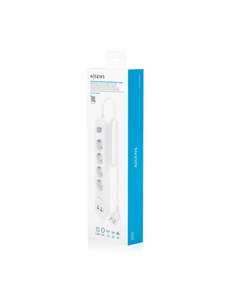 AISENS Regleta de Enchufes Multifuncion con 4 Tomas + Cargador PD3.0 20W 2xUSB-C, 2xUSB-A, 1.4m, Blanco