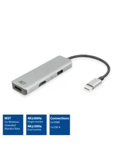 ACT Adaptador multipuerto USB-C 4K para 2 monitores HDMI, puerto de datos USB-A 2