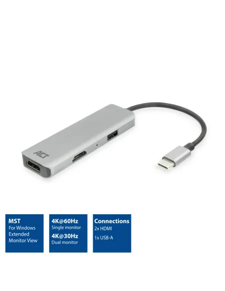 ACT Adaptador multipuerto USB-C 4K para 2 monitores HDMI, puerto de datos USB-A