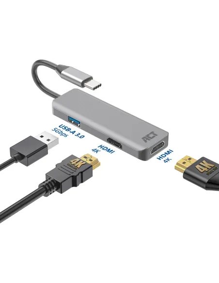 ACT Adaptador multipuerto USB-C 4K para 2 monitores HDMI, puerto de datos USB-A