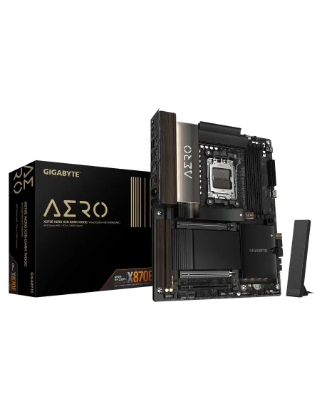 GIGABYTE X870E AERO X3D DARK WOOD Placa Base – Compatible con CPUs AMD Ryzen 9000, VRM digital de 16+2+2 fases, hasta 9000 Hz