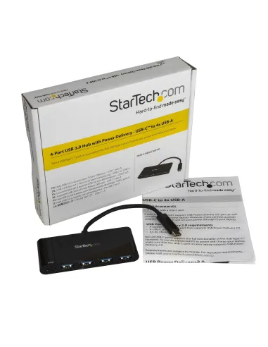 StarTech.com Hub Concentrador USB 3.0 de 4 Puertos con PD Entrega de Potencia - 5Gbps - Adaptador USB-C a 4x USB-A - USB Tipo C