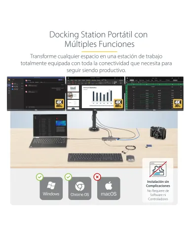 StarTech.com Adaptador Multipuerto USB-C de 3 Monitores HDMI DP - 4K 60Hz Doble + 4K 30Hz HDMI y DP - Hub 4x USB-A - PD de 100W