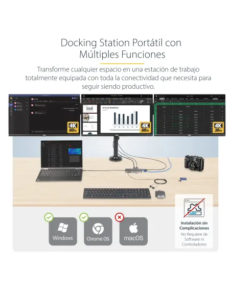 StarTech.com Adaptador Multipuerto USB-C de 3 Monitores HDMI DP - 4K 60Hz Doble + 4K 30Hz HDMI y DP - Hub 4x USB-A - PD de 100W