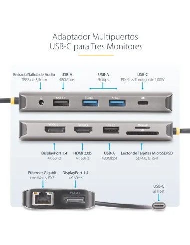 StarTech.com Adaptador Multipuerto USB-C de 3 Monitores HDMI DP - 4K 60Hz Doble + 4K 30Hz HDMI y DP - Hub 4x USB-A - PD de 100W