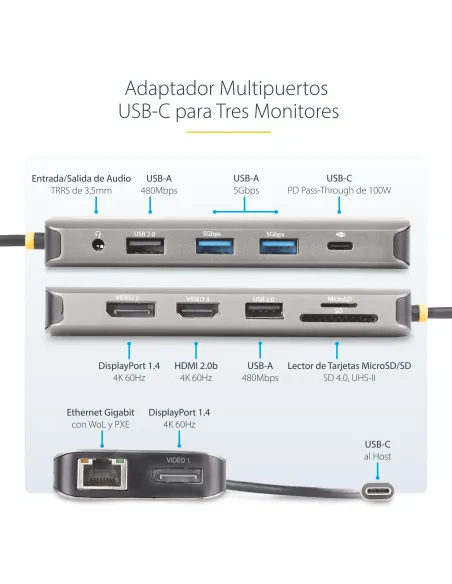 StarTech.com Adaptador Multipuerto USB-C de 3 Monitores HDMI DP - 4K 60Hz Doble + 4K 30Hz HDMI y DP - Hub 4x USB-A - PD de 100W