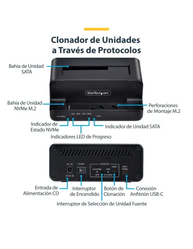 StarTech.com Clonador NVMe M.2 a SATA de 2.5 3.5 - Dock Duplicador Autónomo de 2 Bahías para SSD - Bidireccional NVMe a SATA  