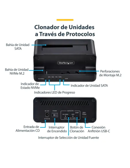 StarTech.com Clonador NVMe M.2 a SATA de 2.5 3.5 - Dock Duplicador Autónomo de 2 Bahías para SSD - Bidireccional NVMe a SATA  