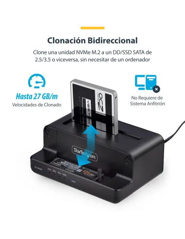 StarTech.com Clonador NVMe M.2 a SATA de 2.5 3.5 - Dock Duplicador Autónomo de 2 Bahías para SSD - Bidireccional NVMe a SATA  