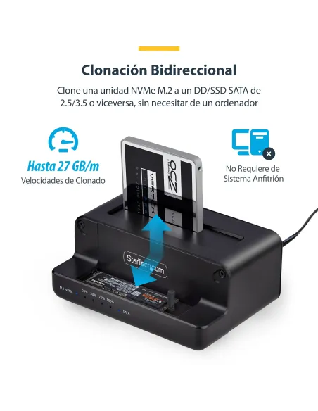 StarTech.com Clonador NVMe M.2 a SATA de 2.5 3.5 - Dock Duplicador Autónomo de 2 Bahías para SSD - Bidireccional NVMe a SATA  