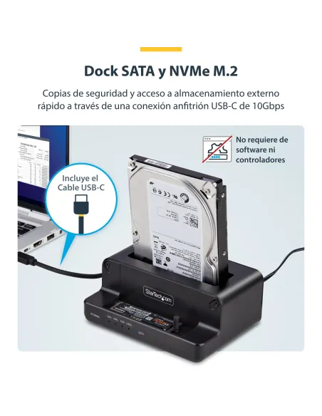 StarTech.com Clonador NVMe M.2 a SATA de 2.5 3.5 - Dock Duplicador Autónomo de 2 Bahías para SSD - Bidireccional NVMe a SATA  