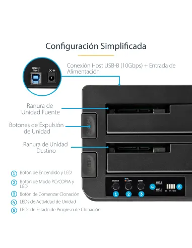 StarTech.com Duplicador Clonador Autónomo de Discos Duros o SSD SATA - Copiador de 2 Bahías - Base de Acoplamiento USB 3.1