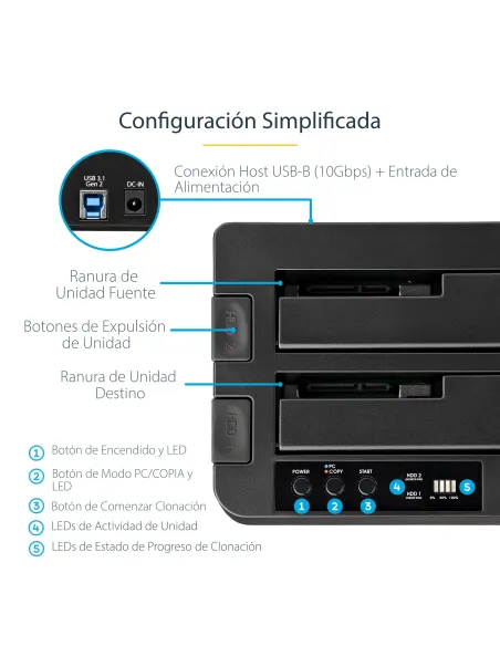 StarTech.com Duplicador Clonador Autónomo de Discos Duros o SSD SATA - Copiador de 2 Bahías - Base de Acoplamiento USB 3.1
