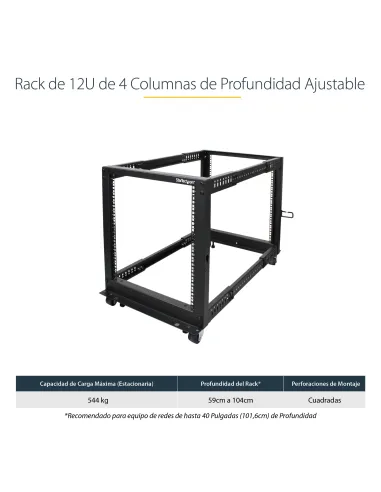 StarTech.com Rack 12U Móvil de Marco Abierto de 4 Columnas para Servidores - Rack de Cuatro Columnas de 19 Pulgadas para Equipo