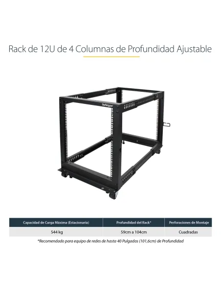 StarTech.com Rack 12U Móvil de Marco Abierto de 4 Columnas para Servidores - Rack de Cuatro Columnas de 19 Pulgadas para Equipo