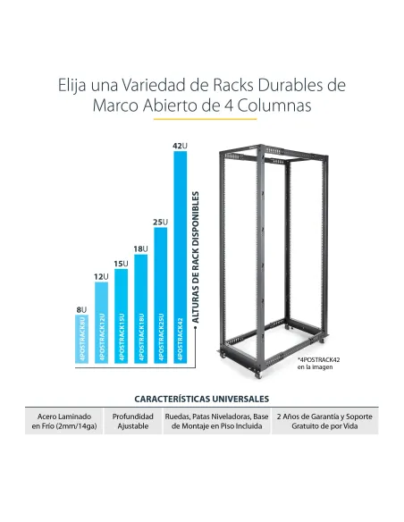 StarTech.com Rack 12U Móvil de Marco Abierto de 4 Columnas para Servidores - Rack de Cuatro Columnas de 19 Pulgadas para Equipo