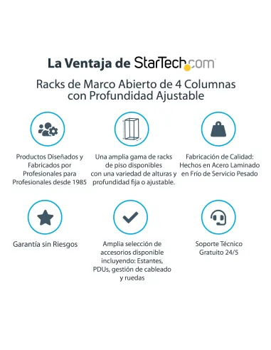 StarTech.com Rack 25U Móvil de Marco Abierto de 4 Columnas para Servidores - Rack de Cuatro Columnas 19 Pulgadas para Equipo de