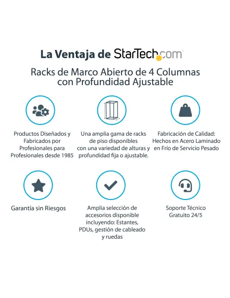 StarTech.com Rack 25U Móvil de Marco Abierto de 4 Columnas para Servidores - Rack de Cuatro Columnas 19 Pulgadas para Equipo de