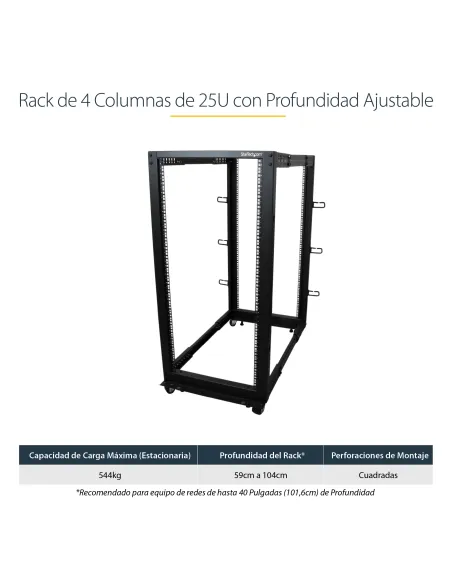 StarTech.com Rack 25U Móvil de Marco Abierto de 4 Columnas para Servidores - Rack de Cuatro Columnas 19 Pulgadas para Equipo de