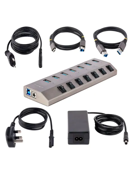 StarTech.com Hub USB-C de 7 Puertos USB-A - Ladrón USB Tipo C con Fuente de Alimentación - Interruptores Individuales de