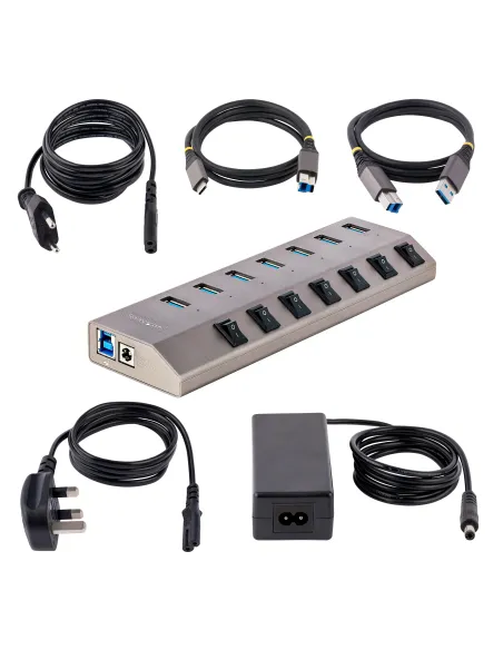 StarTech.com Hub USB-C de 7 Puertos USB-A - Ladrón USB Tipo C con Fuente de Alimentación - Interruptores Individuales de