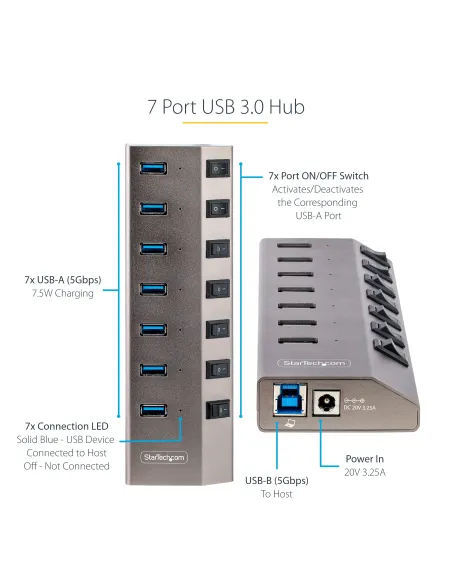 StarTech.com Hub USB-C de 7 Puertos USB-A - Ladrón USB Tipo C con Fuente de Alimentación - Interruptores Individuales de