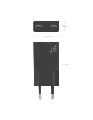 AISENS Cargador Ultra Delgado GaN 30W, 2xUSB-C PD3.0, Negro