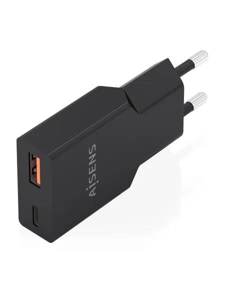 AISENS Cargador Ultra Delgado GaN 30W, 1xUSB-C PD3.0 QC4.0, 1xUSB-A QC3.0, Negro