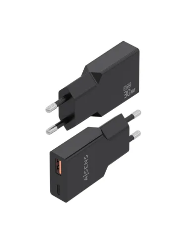 AISENS Cargador Ultra Delgado GaN 30W, 1xUSB-C PD3.0 QC4.0, 1xUSB-A QC3.0, Negro