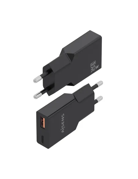 AISENS Cargador Ultra Delgado GaN 30W, 1xUSB-C PD3.0 QC4.0, 1xUSB-A QC3.0, Negro