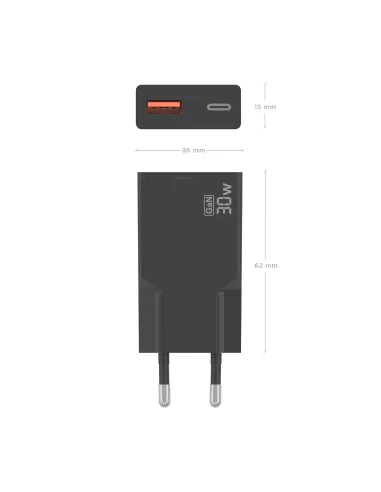 AISENS Cargador Ultra Delgado GaN 30W, 1xUSB-C PD3.0 QC4.0, 1xUSB-A QC3.0, Negro
