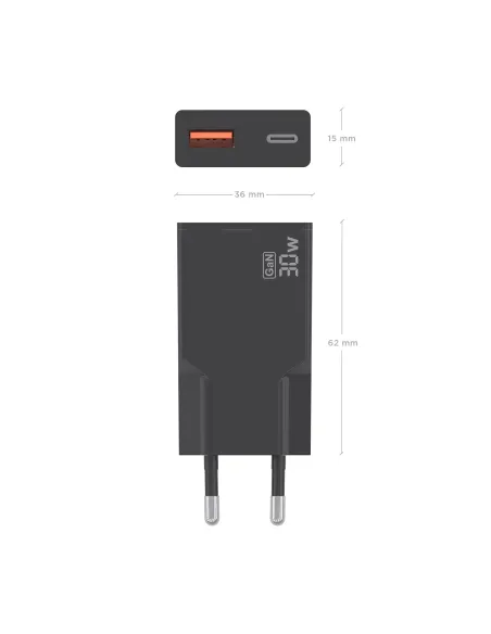 AISENS Cargador Ultra Delgado GaN 30W, 1xUSB-C PD3.0 QC4.0, 1xUSB-A QC3.0, Negro