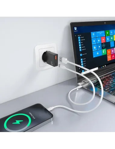 AISENS Cargador Ultra Delgado GaN 30W, 1xUSB-C PD3.0 QC4.0, 1xUSB-A QC3.0, Negro