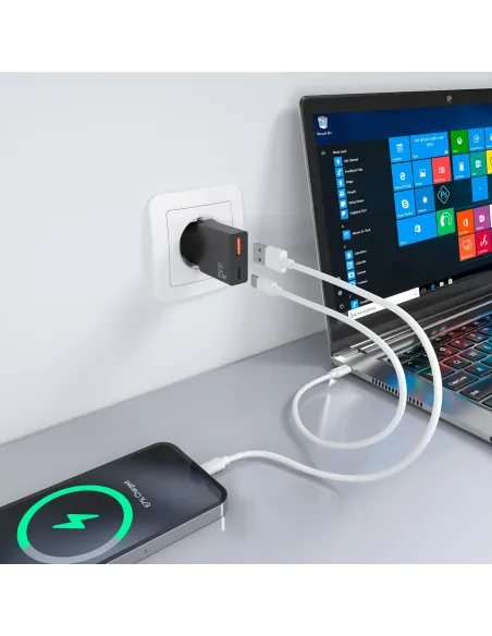 AISENS Cargador Ultra Delgado GaN 30W, 1xUSB-C PD3.0 QC4.0, 1xUSB-A QC3.0, Negro