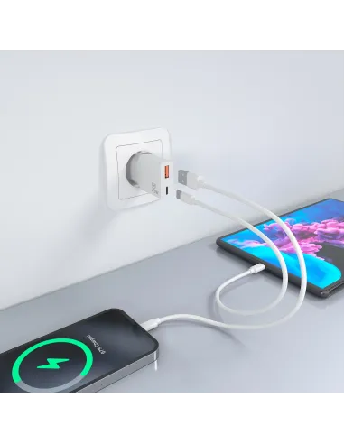 AISENS Cargador Ultra Delgado GaN 25W, 1xUSB-C PD3.0 QC4.0, 1xUSB-A QC3.0, Blanco