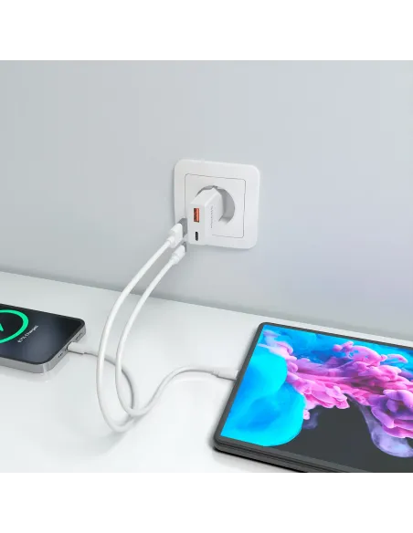 AISENS Cargador Ultra Delgado GaN 25W, 1xUSB-C PD3.0 QC4.0, 1xUSB-A QC3.0, Blanco