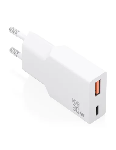 AISENS Cargador Ultra Delgado GaN 30W, 1xUSB-C PD3.0 QC4.0, 1xUSB-A QC3.0, Blanco