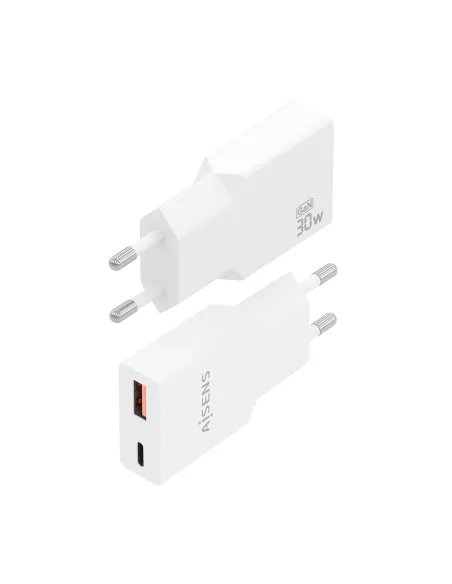 AISENS Cargador Ultra Delgado GaN 30W, 1xUSB-C PD3.0 QC4.0, 1xUSB-A QC3.0, Blanco