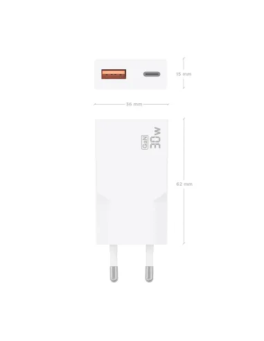AISENS Cargador Ultra Delgado GaN 30W, 1xUSB-C PD3.0 QC4.0, 1xUSB-A QC3.0, Blanco