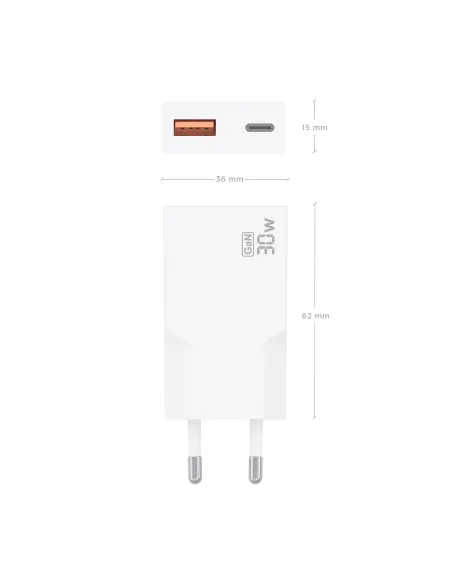 AISENS Cargador Ultra Delgado GaN 30W, 1xUSB-C PD3.0 QC4.0, 1xUSB-A QC3.0, Blanco