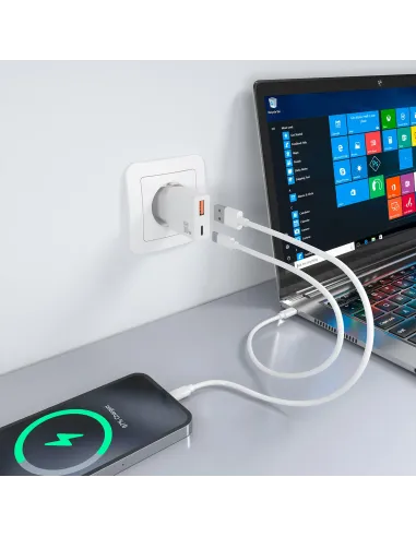 AISENS Cargador Ultra Delgado GaN 30W, 1xUSB-C PD3.0 QC4.0, 1xUSB-A QC3.0, Blanco