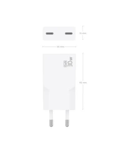 AISENS Cargador Ultra Delgado GaN 30W, 2xUSB-C PD3.0, Blanco