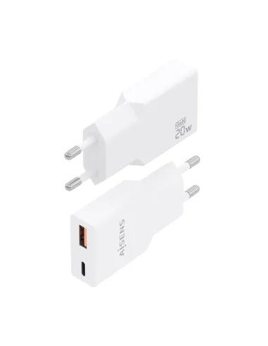 AISENS Cargador Ultra Delgado GaN 20W, 1xUSB-C PD3.0 QC4.0, 1xUSB-A QC3.0, Blanco