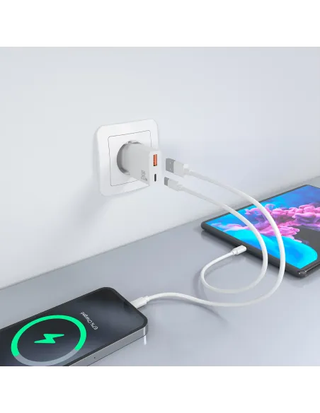 AISENS Cargador Ultra Delgado GaN 20W, 1xUSB-C PD3.0 QC4.0, 1xUSB-A QC3.0, Blanco