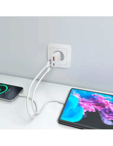AISENS Cargador Ultra Delgado GaN 20W, 1xUSB-C PD3.0 QC4.0, 1xUSB-A QC3.0, Blanco