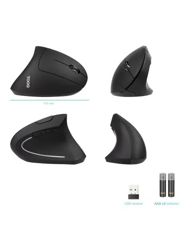 TooQ Ratón Inalámbrico Ergonómico Vertical 3200 DPI, 6 botones, Negro