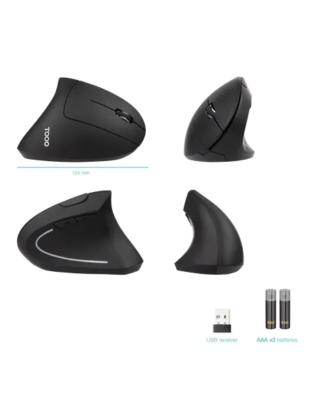 TooQ Ratón Inalámbrico Ergonómico Vertical 3200 DPI, 6 botones, Negro