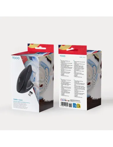 TooQ Ratón Inalámbrico Ergonómico Vertical 3200 DPI, 6 botones, Negro