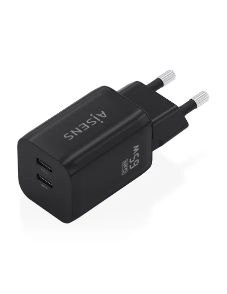 AISENS Cargador GaN 65W, 2xUSB-C PD3.0 QC4.0, Negro