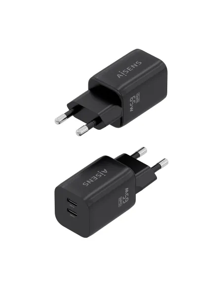 AISENS Cargador GaN 65W, 2xUSB-C PD3.0 QC4.0, Negro